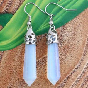 Opal Hexagon Point Glass Stone Dangle Earrings